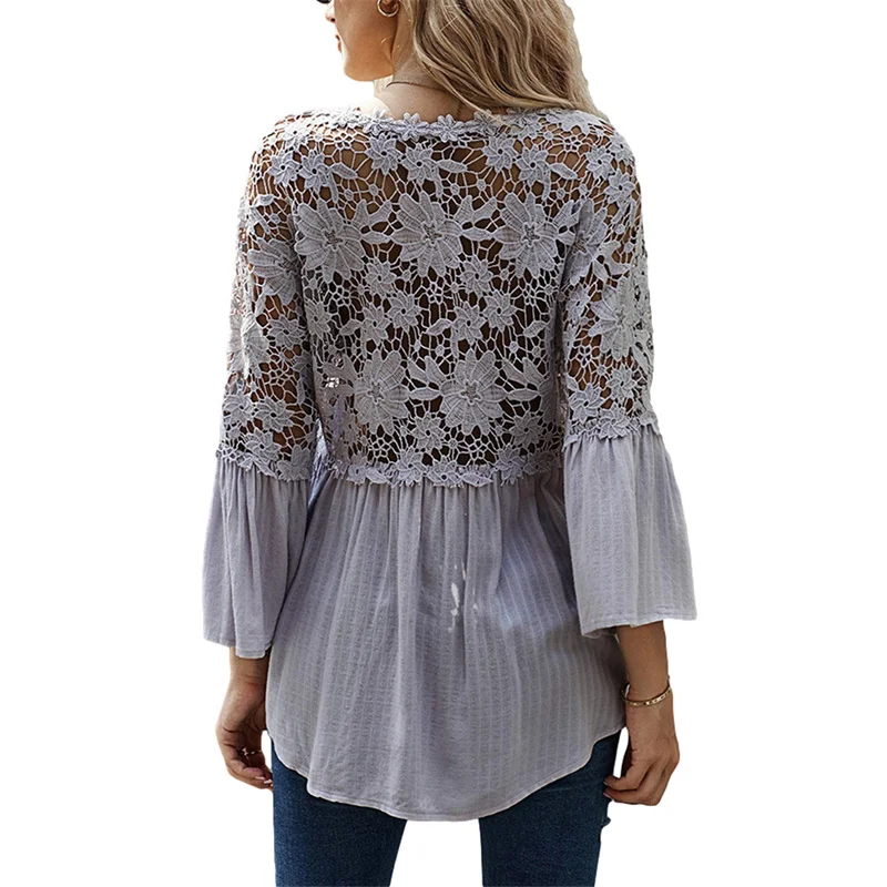 

Female Close Fitting Solid Color V-Neck Shirts Women Long Sleeve Casual Hollow Out Blouse For Dating Shopping