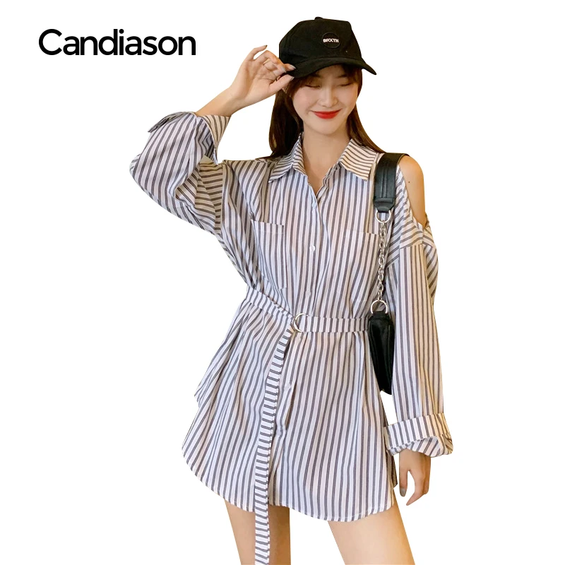 

2020 new summer off-the-shoulder shirt women's design waist waist mid-length striped long-sleeved shirt women dress