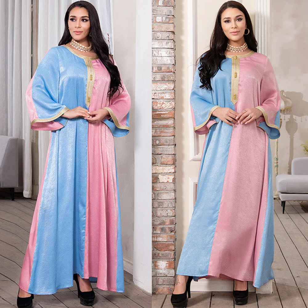 

Women Muslim Abaya Ribbons Middle East Kaftan Islamic Clothing Ramadan Arabic Color Block Long Dress Turkey O-neck Maxi Robe New