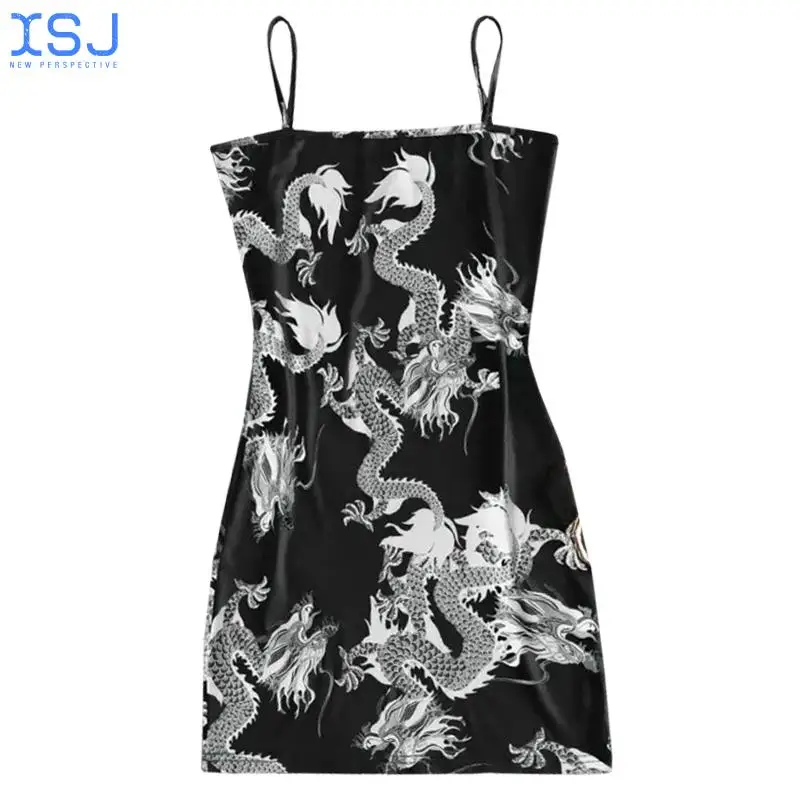 

Sling Wrapped Chest Summer Female Dragon Sleeveless Slit Mini Skirt Slits Slim Sexy Solid Color Print Allmatch Temperament Dress