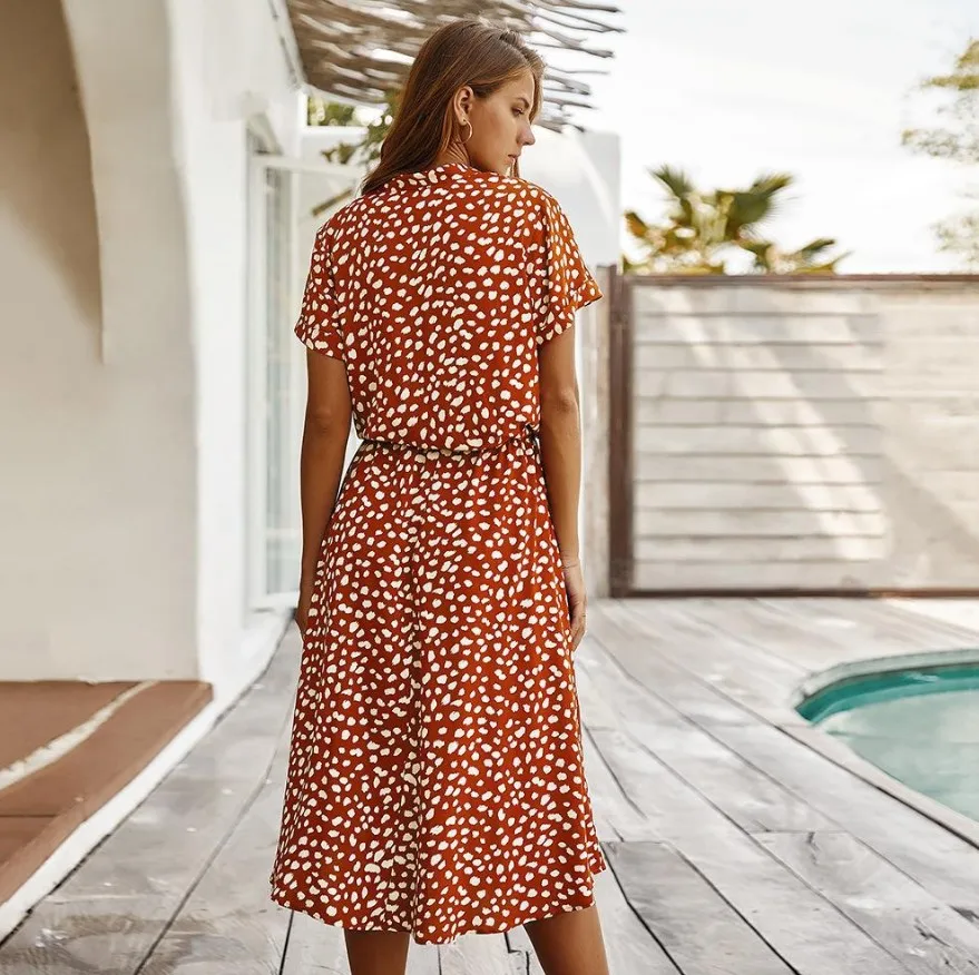 

2020 Summer New Hot-selling Short-sleeved Lace-up Casual Elastic Waist Rayon Floral Dress