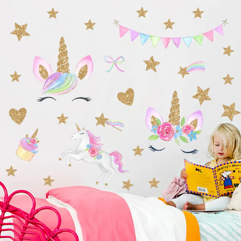 

Cartoon Unicorn Horse Flower Flag Star Heart Shape Pattern Wall Sticker Decal For Kids Room Home Decoration Diy Animal Mural Art