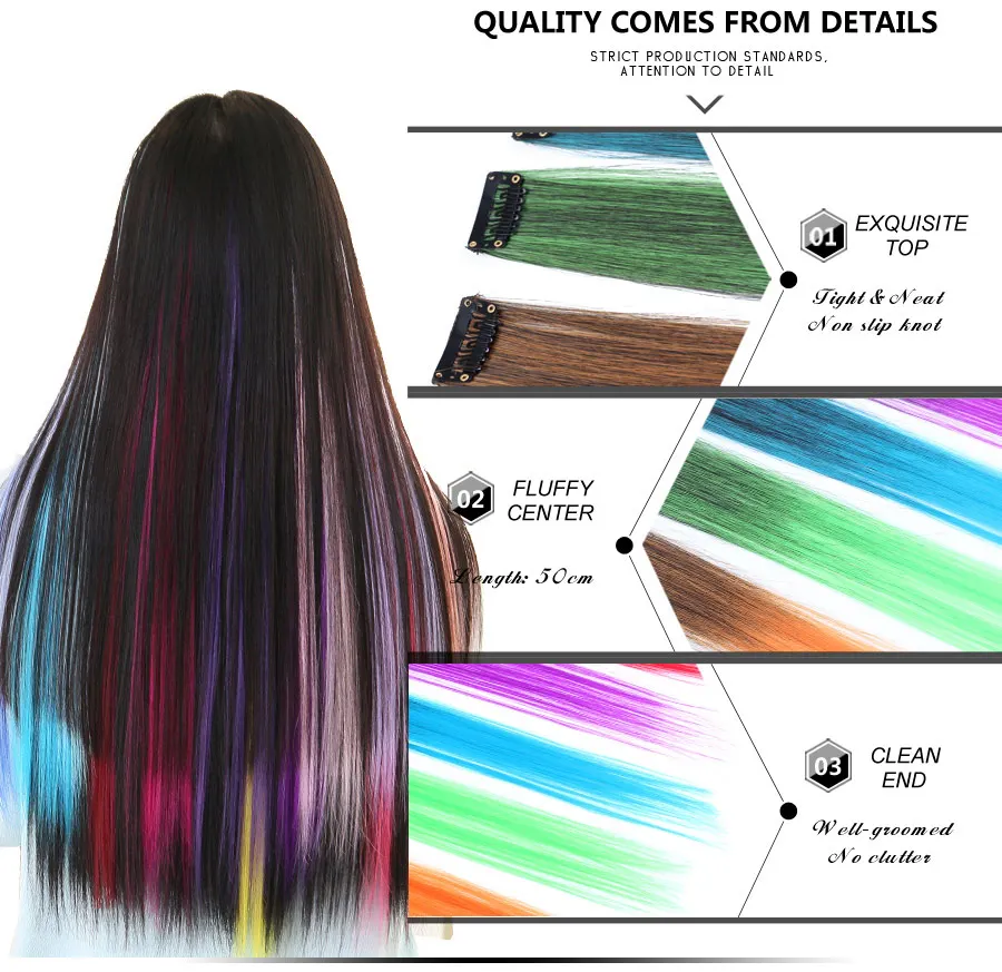 57Color Ombre Hairpiece Clip On Synthetic Fiber Straight Hair Extensions In Extension Strands Hairpins Rainbow | Шиньоны и парики