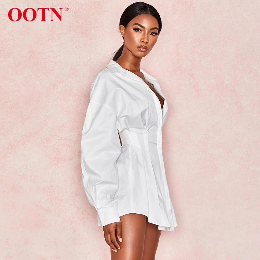 OOTN отложной воротник офисная рубашка платье дамы фонарь с длинным рукавом Элегантная плиссированная Туника белые женские платья осень