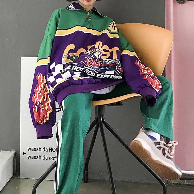 NiceMix женские трендовые Топы новые Ins Harajuku стиль принт пламя Свободный свитшот повседневные большие толстовки хип-хоп мода