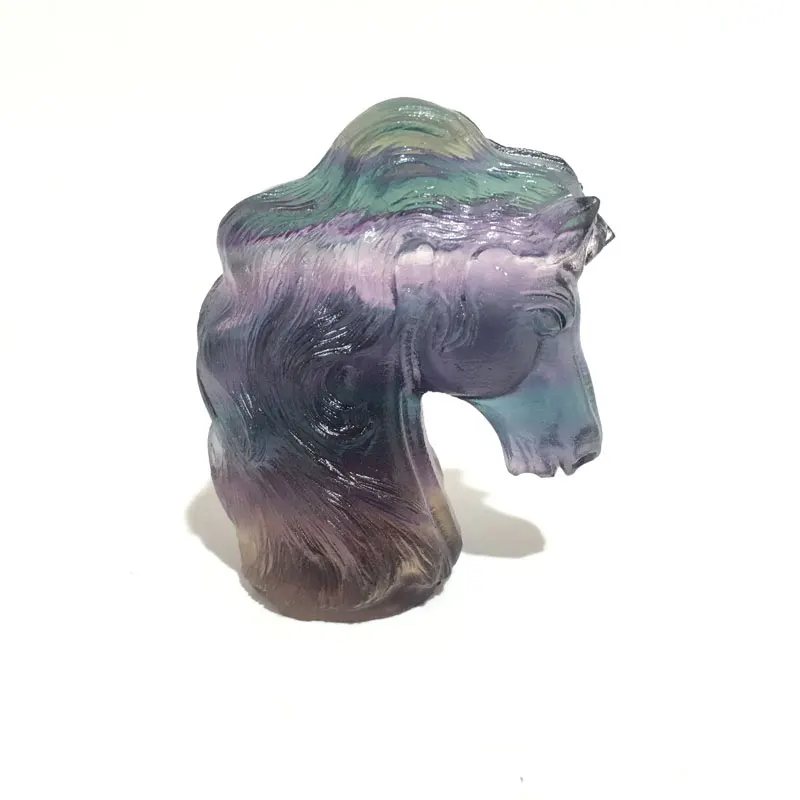 

Natural Rainbow Fluorite unicorn quartz healing crystal hand carved stone horse head shape gemstone for home decoration gift jyx