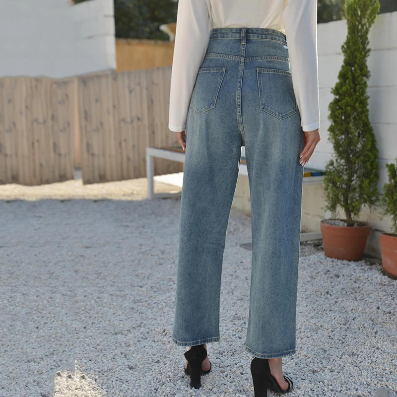 

MosiMolly Vintage Loose Denim Jeans pants Women retro Dad jeans bottoms streetwear long pants washed blue jeans