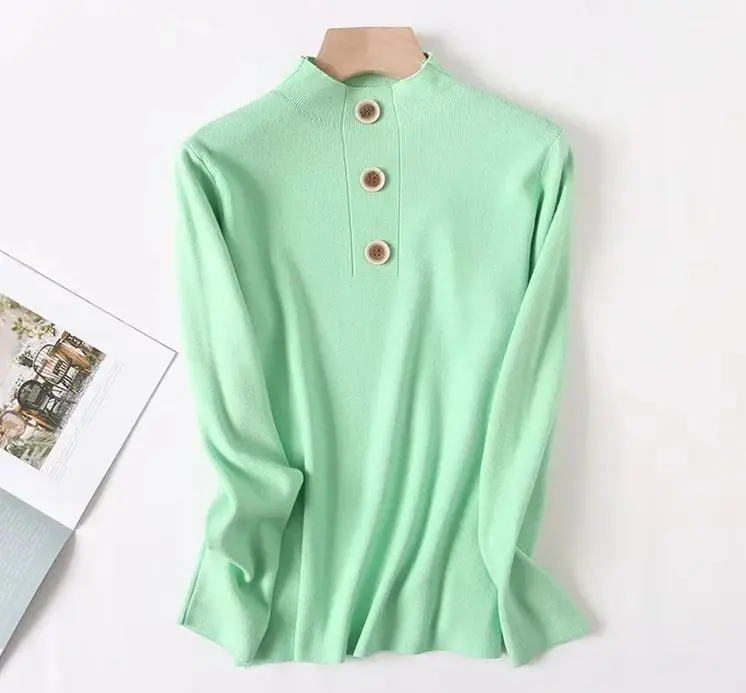 

HCBLESS Women's 2019 autumn and winter new half-high collar button decoration Slim knit bottoming shirt temperament sweater