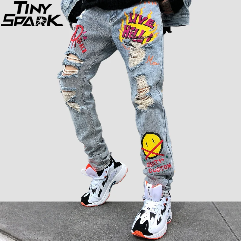Мужские джинсовые штаны с граффити уличная одежда в стиле хип хоп рваные Harajuku