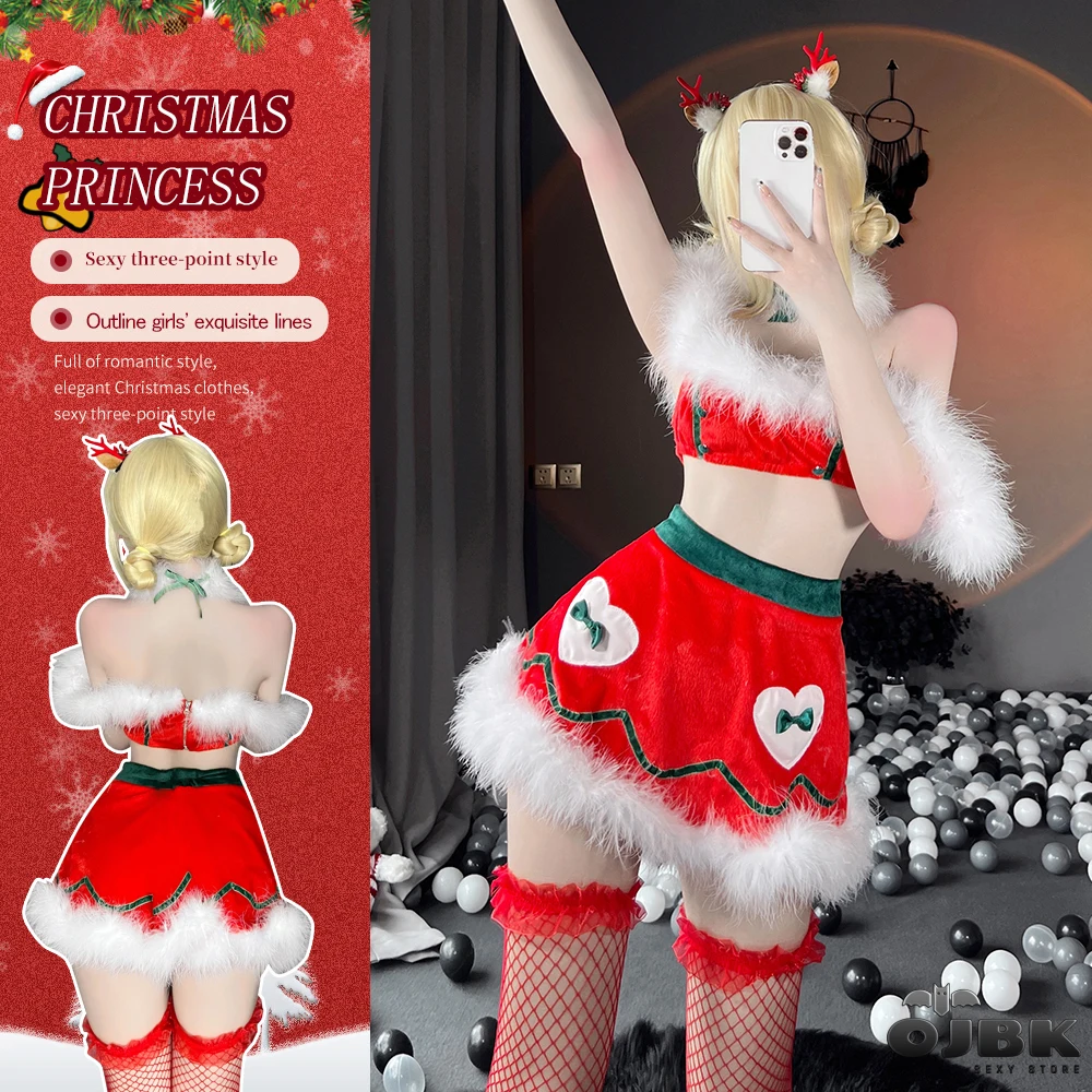 

Sexy Cos Xmas Christmas Cosplay Outfit for Women Red Costumes Elk Headband Cute Gift Erotic Role Play Dresses Christmas Set