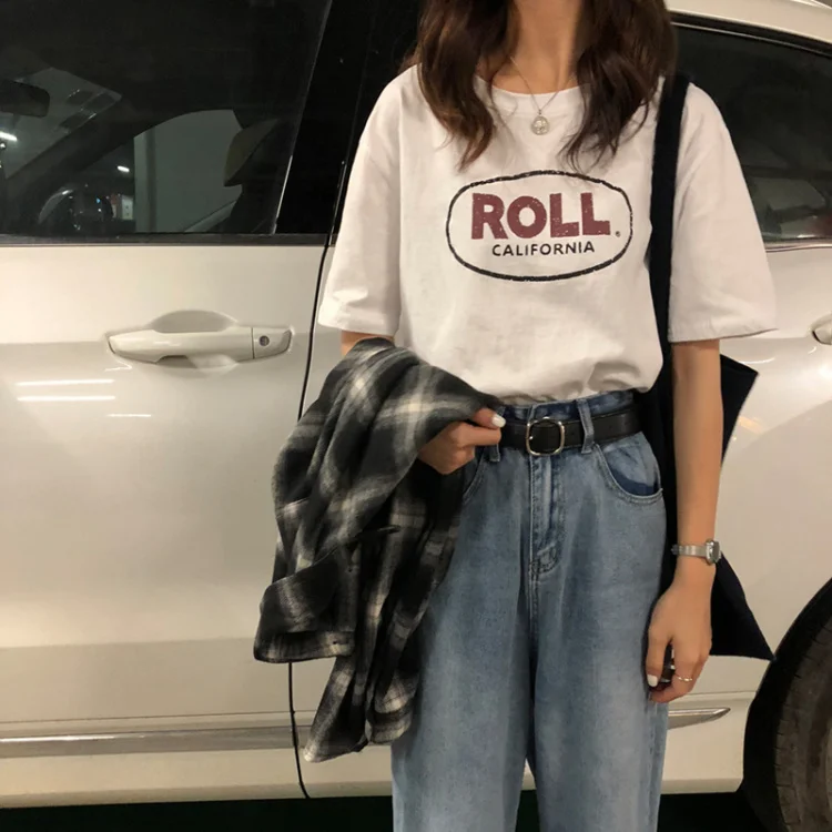 Винтажная повседневная женская футболка с коротким рукавом и круглым вырезом