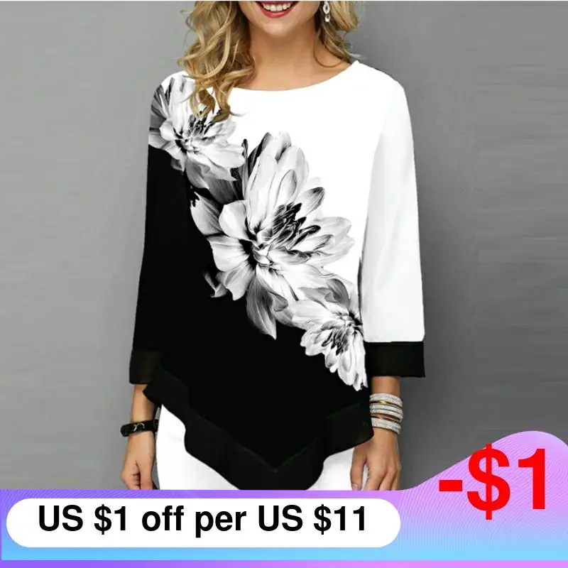 Женская Повседневная футболка с цветочным принтом свободная Асимметричная