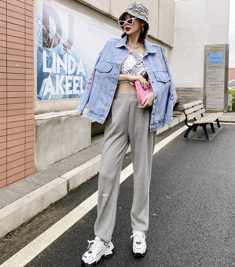 

Autumn Fashion Long Sleeved Denim Jacket Women Loose And Thin Letter Printing 2021 New Trend Cardigan Jacket Blue