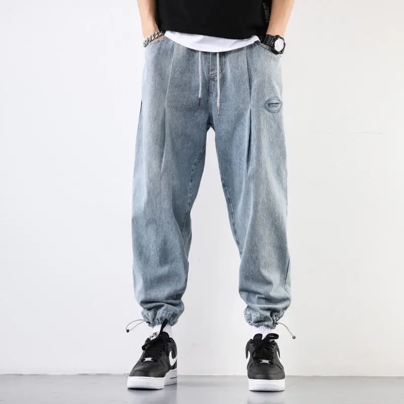 Autumn Men's Jeans Ankle-Tied Fashion Baggy Jeans High Street Elastic Waist Capri Trendy Retro Distressed Jeans Hip Hop Pants