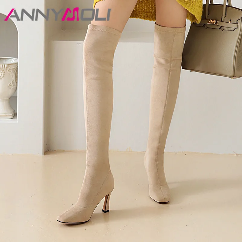 

ANNYMOLI Woman Boots High Heel Over The Knee Boots Square Toe Long Boots Stiletto Heel Slim Stretch Shoes Female Black Size 46