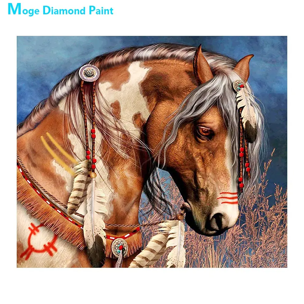 Алмазная живопись с лошадьми и перьями Круглая Мозаика для вышивки крестиком 5D в