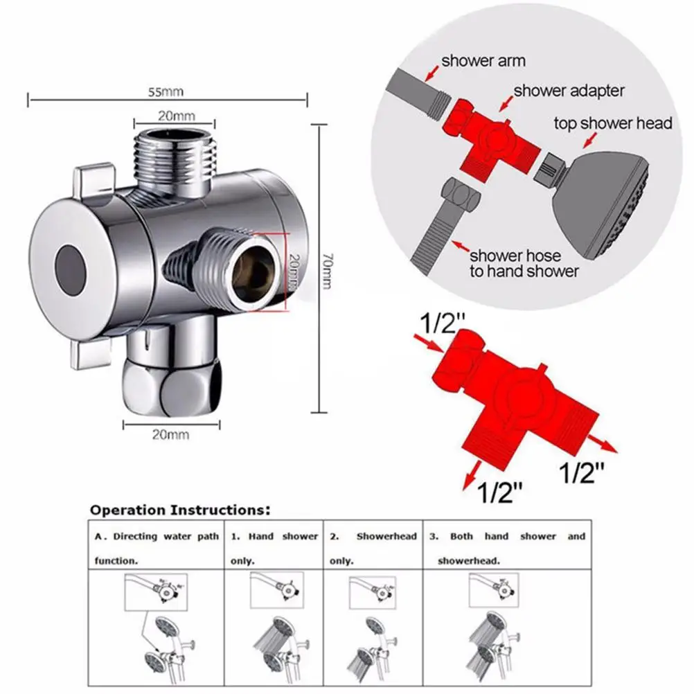 

3 Way Shower Head Diverter Faucet Diverter Valve Bathroom Universal System Component Replacement Part Chrome Valves for Bathroom