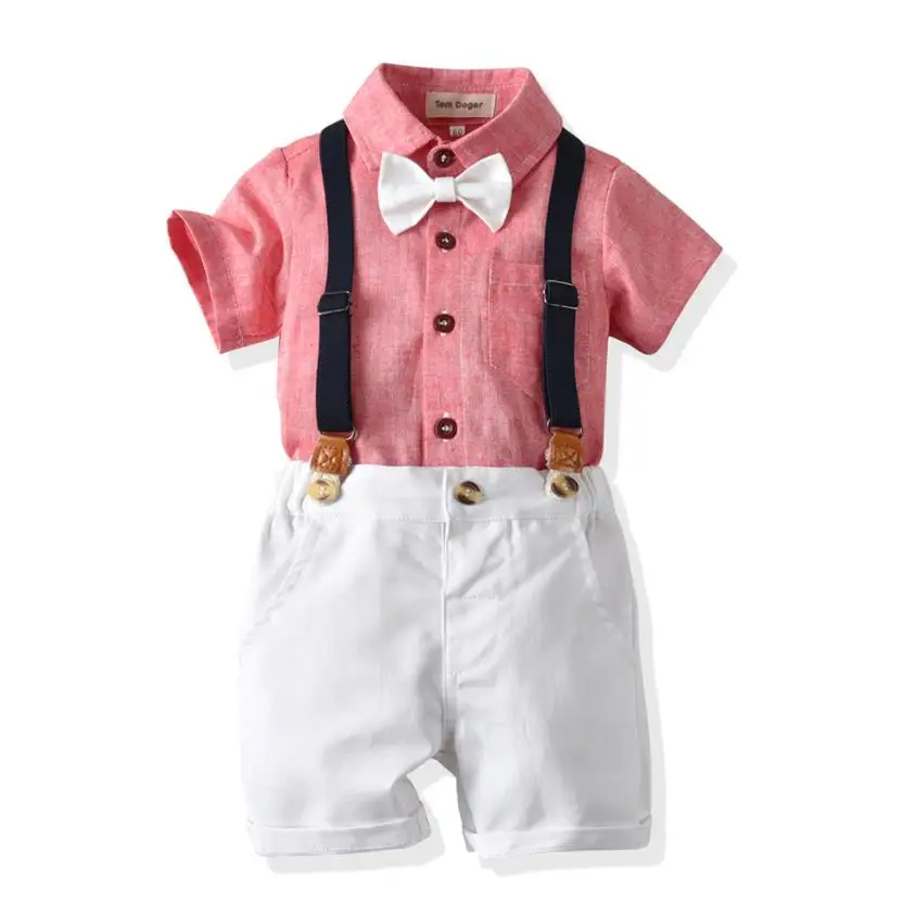 

Summer Toddler Boys Set Gentleman Suit Kids Short Sleeve Bow Tie Pink Shirt+White Suspenders Shorts Casual Baby Boy Clothes L913