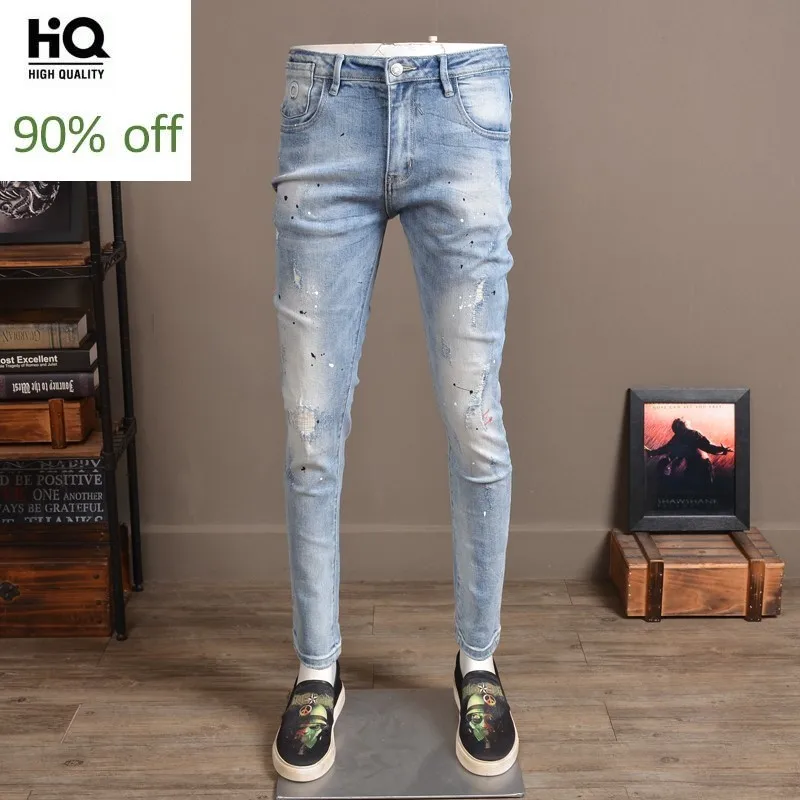 Брендовые Модные мужские рваные Стрейчевые джинсы с дырками корейские