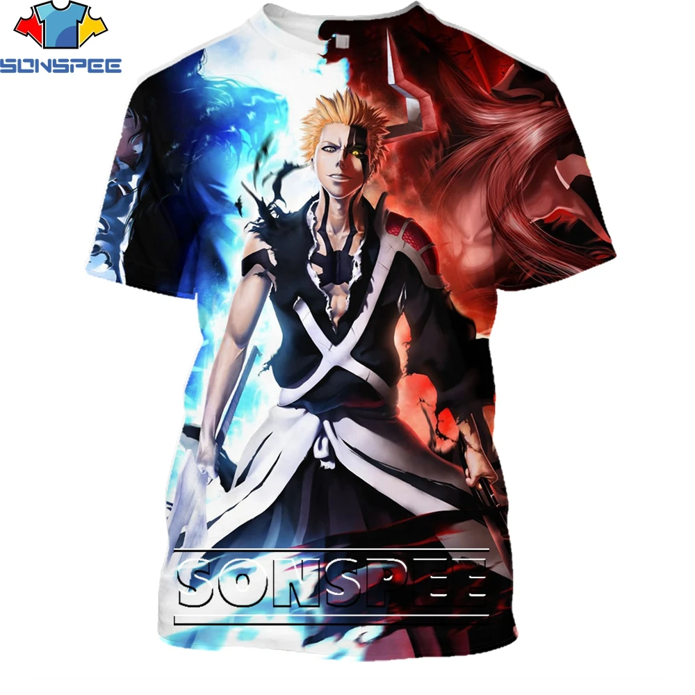 

SONSPEE Japanese Classic Cartoon Anime Bleach T-shirt Samurai Kurosaki Ichigo Tees Summer Harajuku Oversize Casual Short Sleeve
