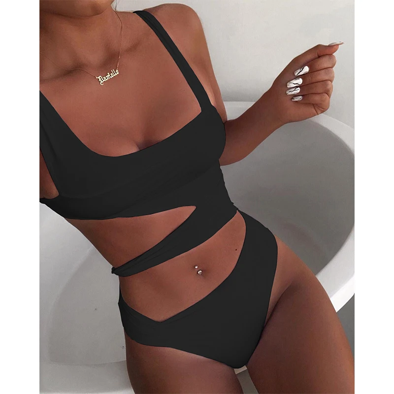 

2021 New Sexy Black One Piece Swimsuit Women Cut Out Swimwear Push Up Monokini Bathing Suits Beach Wear Swimming Suit For Women