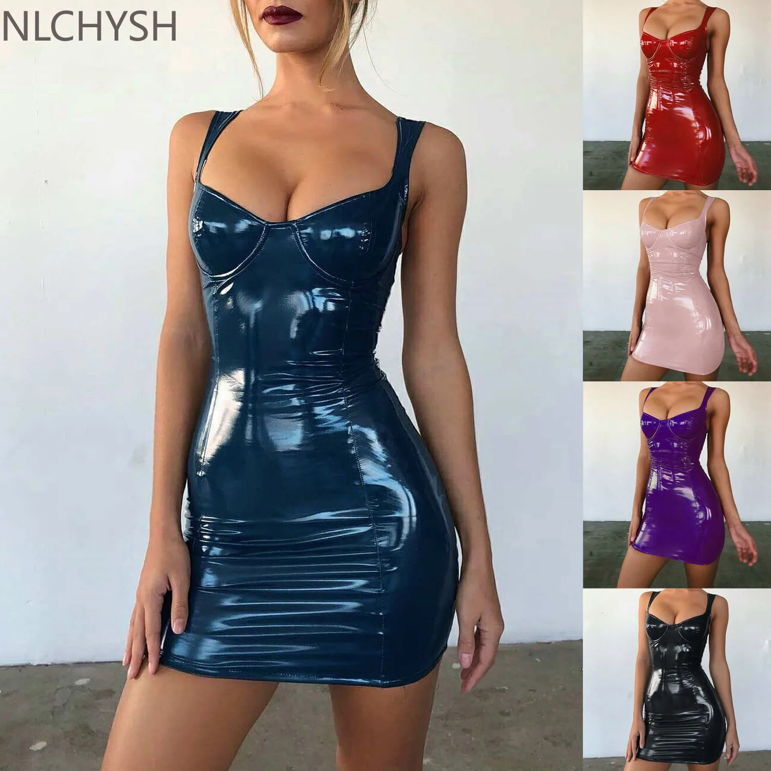 

2021 Sexy Backless Club Party Short Dress Solid Black Wet Look Latex Bodycon Faux Leather Push Up Bra Mini Micro Dress Leotard