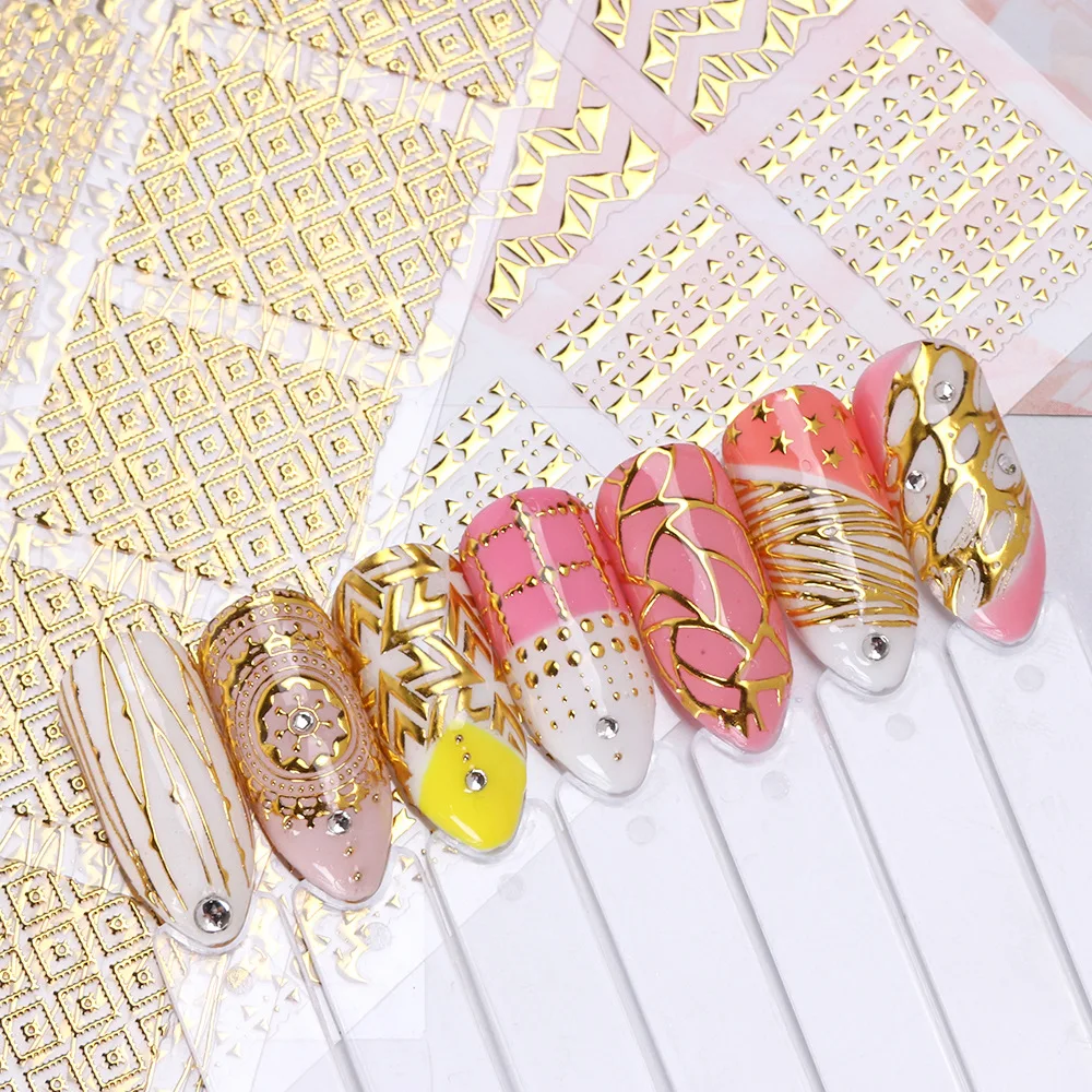 

12 cells Golded Sliders 3D Nail Stickers Straight Curved Liners Stripe Tape Wraps Geometric Nail Art Decorations BPTZ