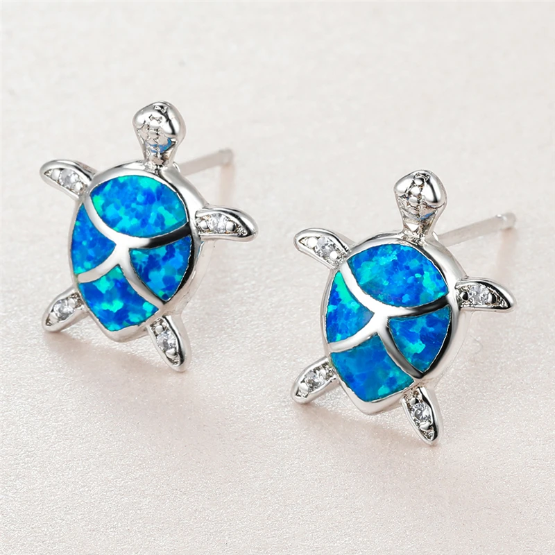 

Boho Female Small Sea Turtle Earrings Cute Silver Color Stud Earrings Luxury Blue Opal Stone Wedding Earrings For Women