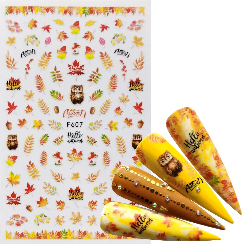 

YZWLE 1 PC Mix Yellow Leaves Nail Stickers Flower Animal Butterfly 3D Adhesive Sliders Wraps Tips Charm Art Manicure Decorations