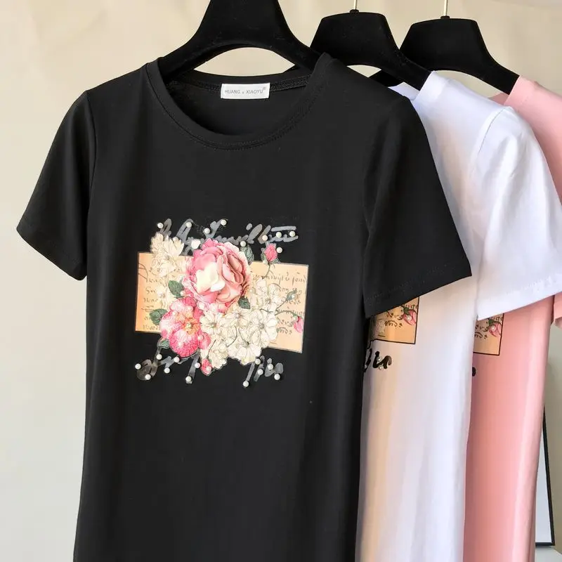 

3D Flower Print 2021 Summer Women Short Sleeve O-Neck Casual T Shirt Fashion Beading Tops Camiseta Mujer