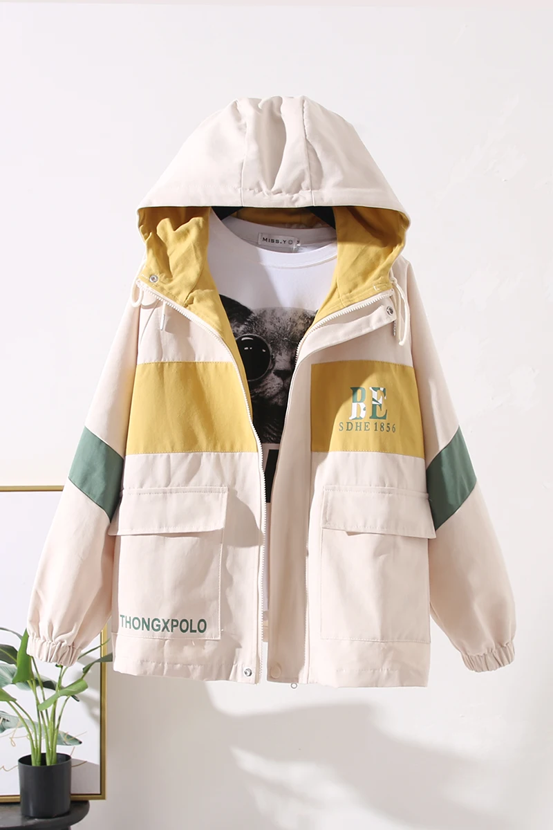 

New Spring Autumn Harajuku Short Jacket Women Loose Casual Hooded Coats Female Zipper Patchwork Color Outwear Windbreaker Mujer