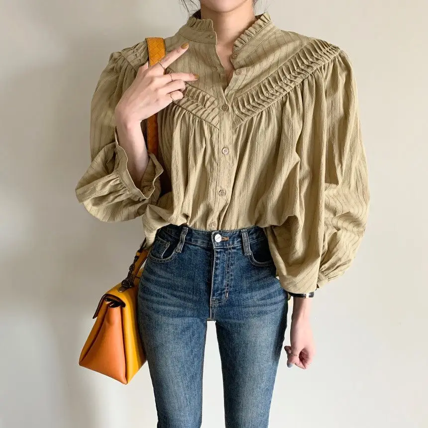 

Solid Stand Lantern Sleeve Loose Pleated Embroidered Shirts Women Blouses V485