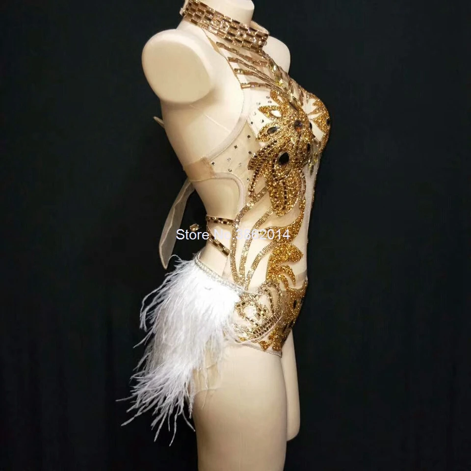 Sparkly Gold Silver Rhinestone Bodysuit Women Sexy See Trough Feather Tail Birthday Party Nightclub Singer Dance Stage costume