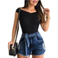 lace up tassel women shorts ripped skinny ladies denim shorts causal high waist all match solid color hole vintage female shorts