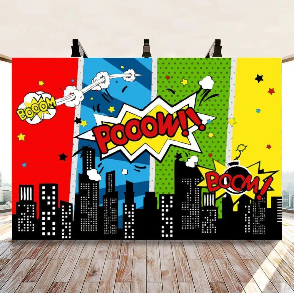 

Superhero Cityscape Photography Backdrops Super Heros Kids Birthday Party Photo Background Boy Customized Photocall Photo Studio