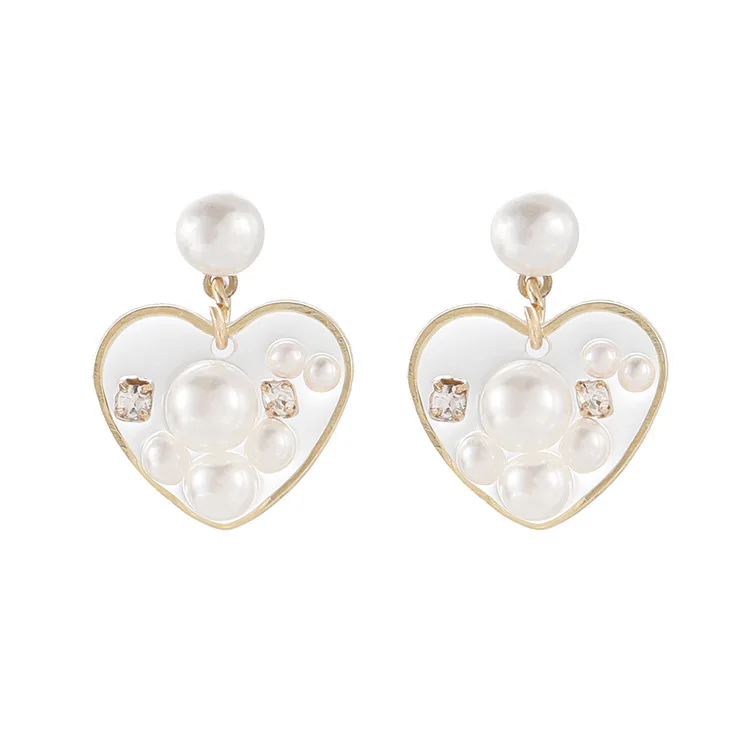 Корейские серьги с кристаллами и жемчугом маленькие в виде сердца золотые