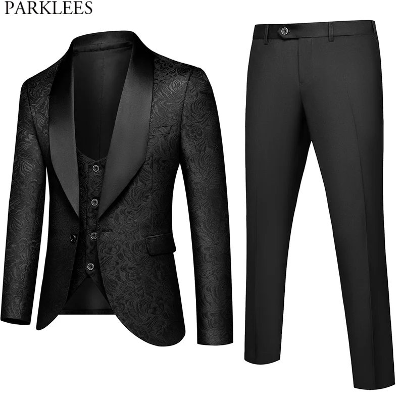 

Black Jacquard Floral 3pcs Suits Men Shawl Collar One Button Tuxedo Suits Pants Mens Wedding Groom Dinner Elegant Traje Hombre