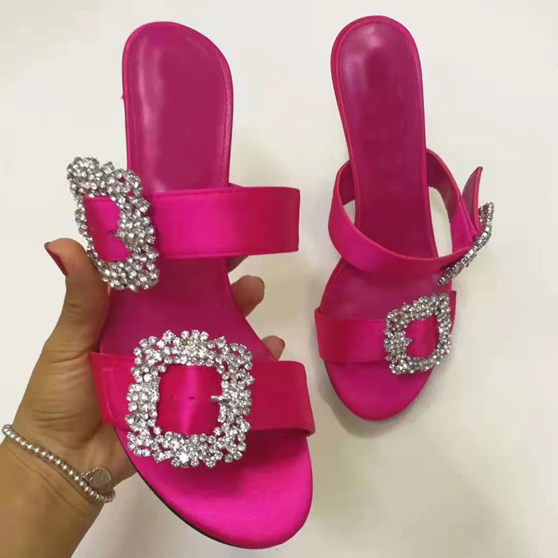 

2019 Pink Satin Rhinestone Sandals Women Peep Toe Double Crystal Buckle High Heel Shoes Woman Fashion Wedding Shoes