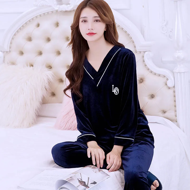 navy Femme Sleepwear 2 pieces home clothes gold velvet pajamas long sleeve home clothes sexy lace pajamas set women sleepwear suit - Цвет: navy