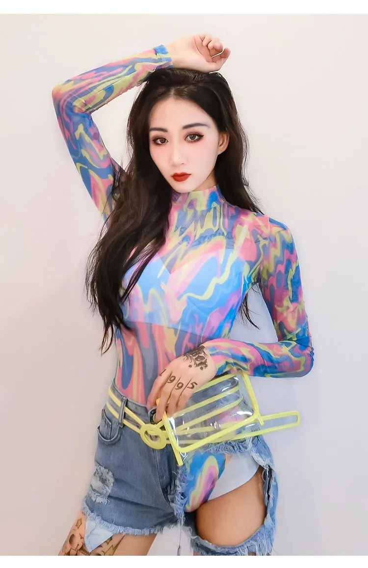 

Sexy GOGO Show Long Sleeves Mesh Perspective Illusion Fantasy One-piece Jumpsuits Women Female Uniform Nightclub DS Costume