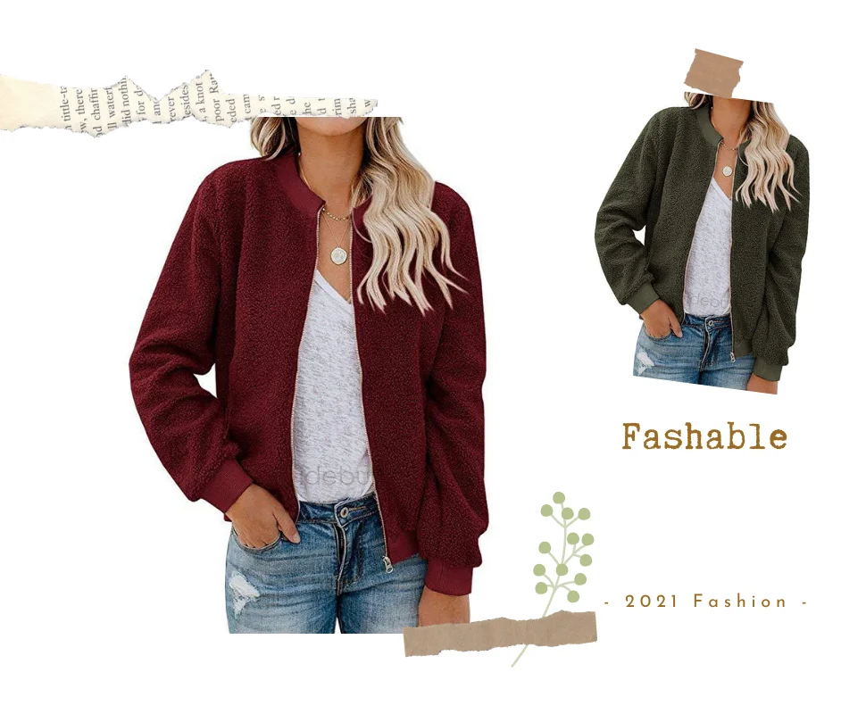 

WenQing Womens Casual Loose Stand Neck Zip Fly Fluffy Plush Baseball Jackets Outerwear