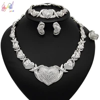 yulaili new design high quality teddy bear heart shaped crystal silver color necklace earrings fine jewelry sets wholesale
