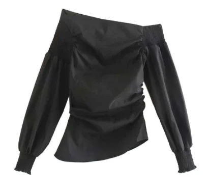 Женская Стильная черная блузка на одно плечо с длинным рукавом Однотонная