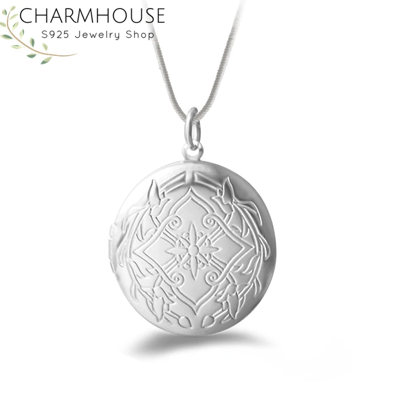 Pure 925 Silver Necklaces For Women Vintage Flower Round Locket Pendant &amp Necklace Snake Chain Wedding Bridal Jewelry Bijoux | Украшения
