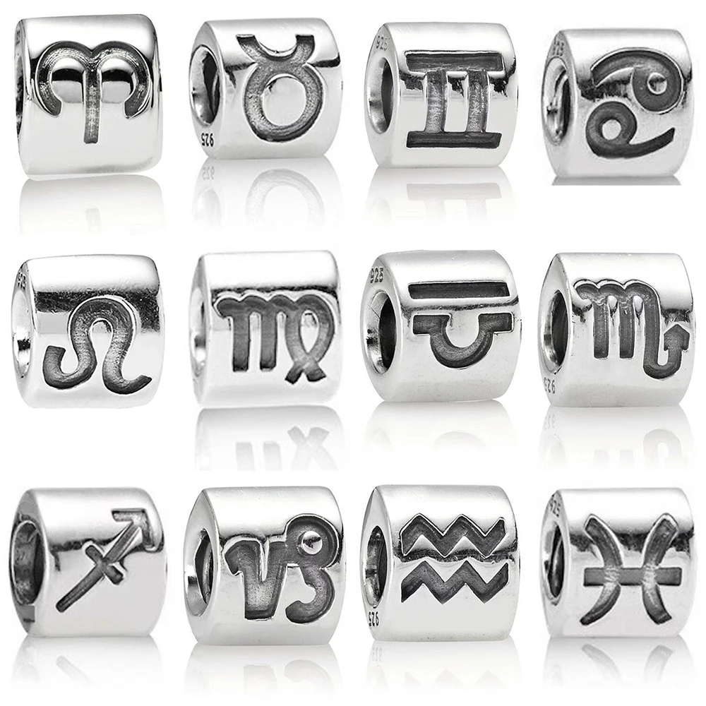 

2019 NEW 100% 925 Sterling Silver 12 Constellations Alphabet Charm Beaded Fit DIY Bracelet Bangle Necklace Women Jewelry Gift