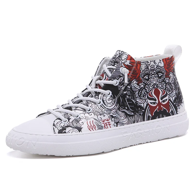 

Men Casual Shoes High Top Lace-up Sneakers 2021 New Arrival White Men Shoes Nation Stylish Print Deisgn Male Leisure Footwear