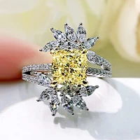 real 925 sterling silver princess ice flower square yellow high carbon diamond pop leaf flower ring for women engagement jewelry