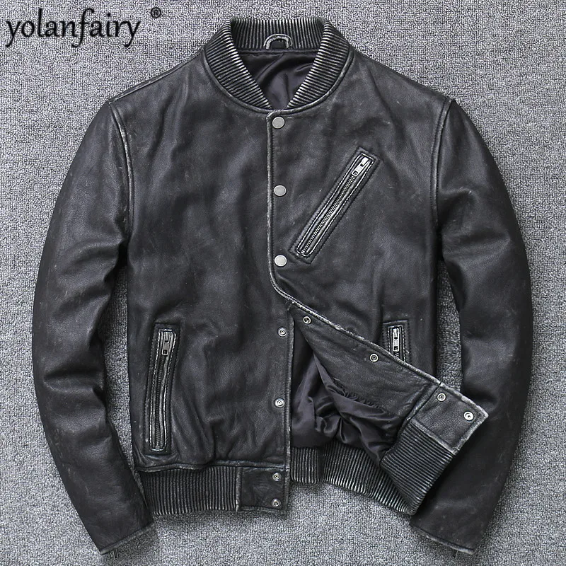 

Vintage Genuine Leather Jacket Men Grey Cow Coat Motorcycle Biker Mens Leather Jacket Spring Autumn Chaqueta Cuero Hombre Y13