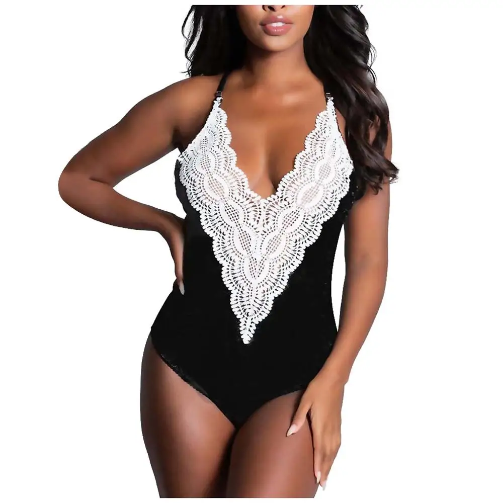 Женское Кружевное боди модный сексуальный однотонный комбинезон без рукавов с V