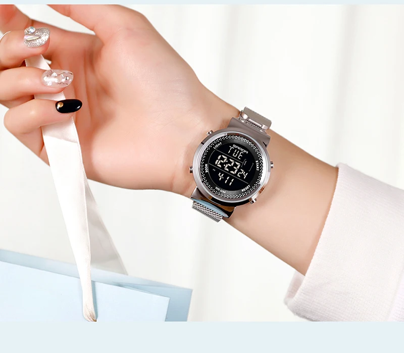 Женские роскошные розовые золотые светодиодные цифровые часы с магнитной пряжкой, Модный женский браслет, кварцевые наручные часы с сетчатым ремешком, женские часы